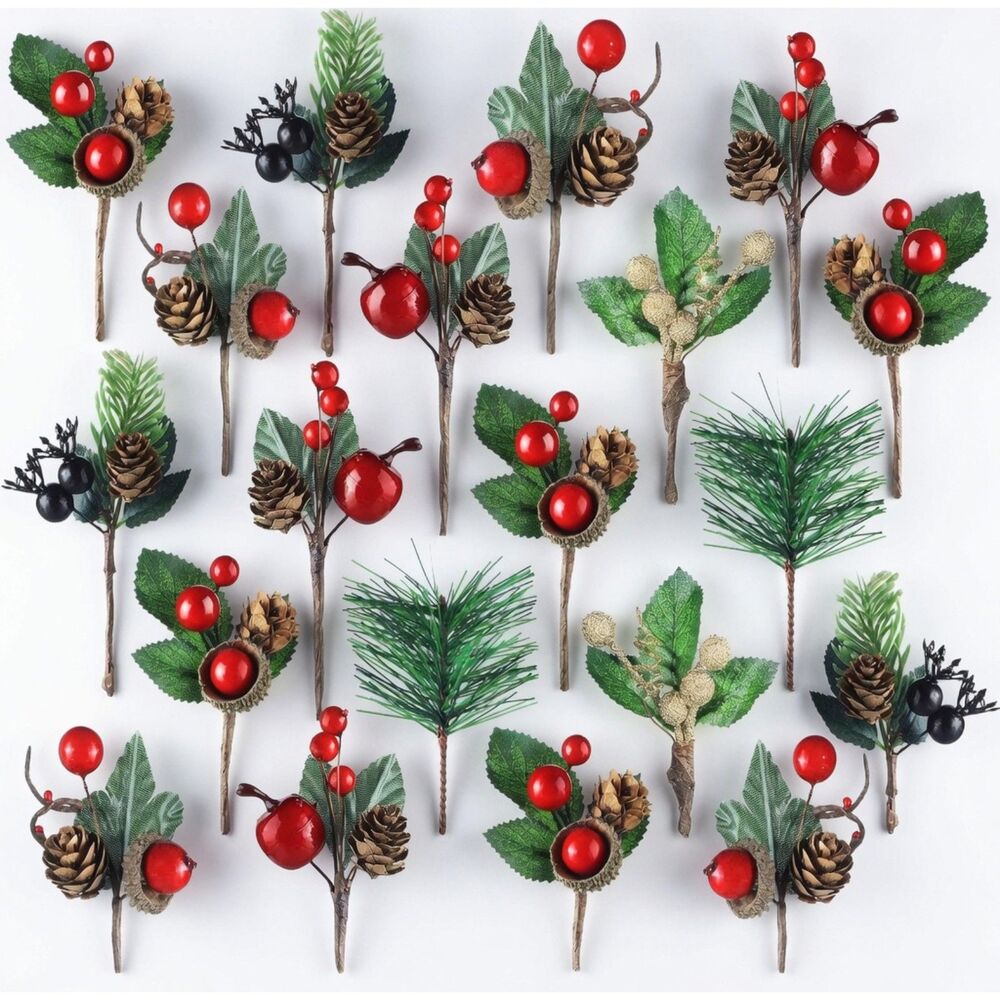 Janinka 28 Pcs Multi Size Artificial Christmas Tree Red Berry Pine Cone Picks